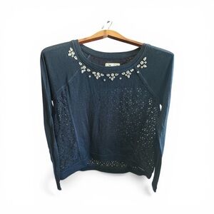 Hollister Navy Lace-Back Long Sleeve Top Embellished with Rhinestones Glamour